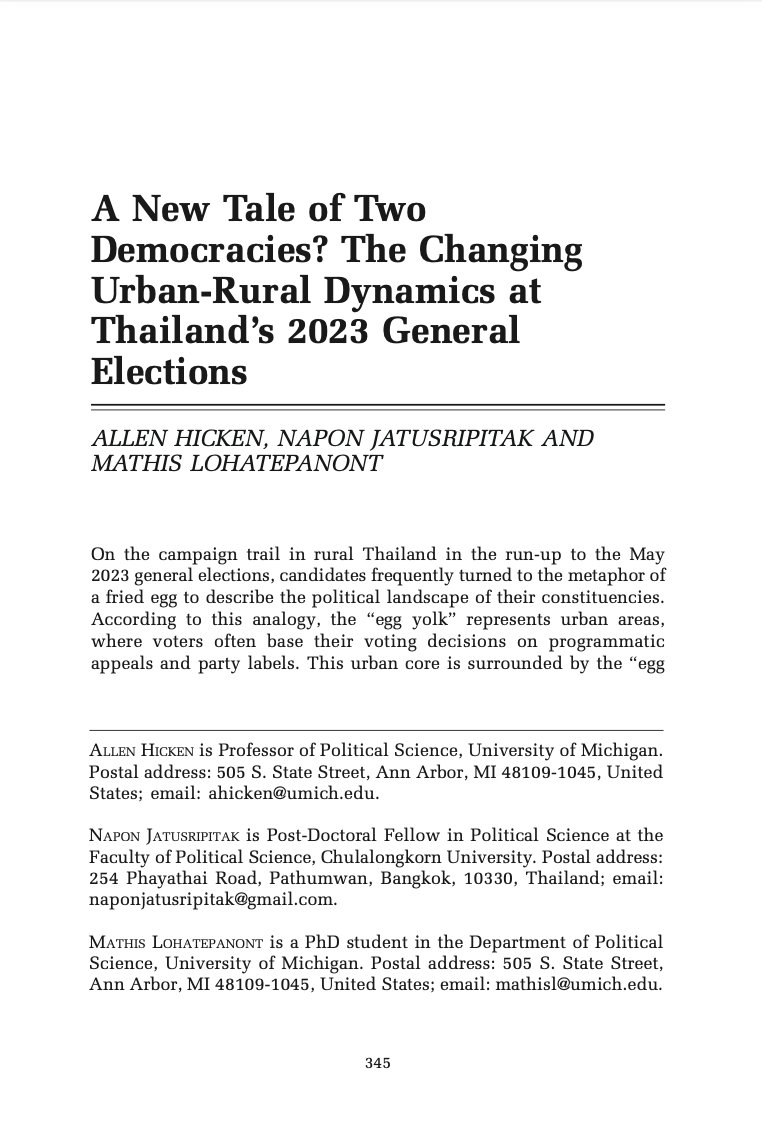 kenlmathis's tweet photo. Why is Thai politics like a plate with multiple fried eggs on it?

In a new article, @a2hicken, @naponjatu and I examine urban-rural dynamics at the 2023 general election in Thailand.

Here's a thread on our findings 🧵 https://t.co/4O43Vhk7kf