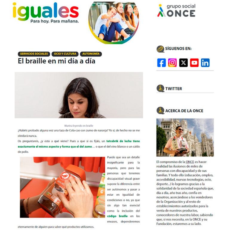 ONCE_oficial's tweet photo. "¿Habéis probado alguna vez una taza de Cola-cao con zumo de naranja? Yo sí, de hecho, no se me olvidará nunca"
Marina Rojas, Jefa del Dpto de Comisión Braille Española y Etiquetado nos cuenta en #BlogONCE cómo utiliza el Braille en su día a día
#DíaMundialDelBraille #CBE #SBO