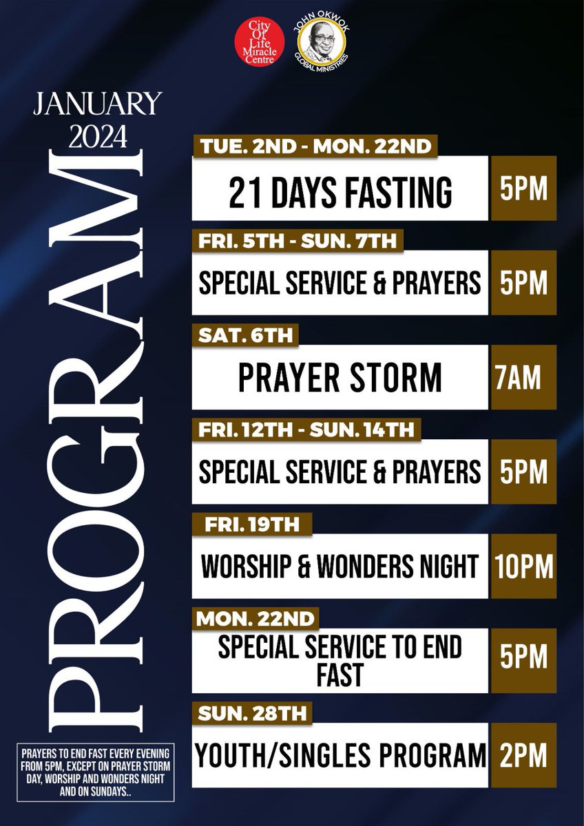 Don’t miss out on important programs this month! 

We are now on Day 3 of the 21 Days Fasting and Prayers. 🔥🔥🚀

#supernaturalhelp24 #CityOfLifeCh #21daysprayerfasting