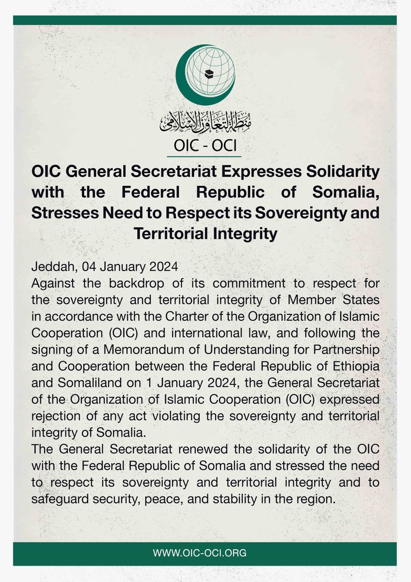 OIC_OCI's tweet photo. #OIC General Secretariat Expresses Solidarity with the Federal Republic of #Somalia, Stresses Need to Respect its Sovereignty and Territorial Integrity: https://t.co/j14FpnBhbp https://t.co/5wiyZde0F4