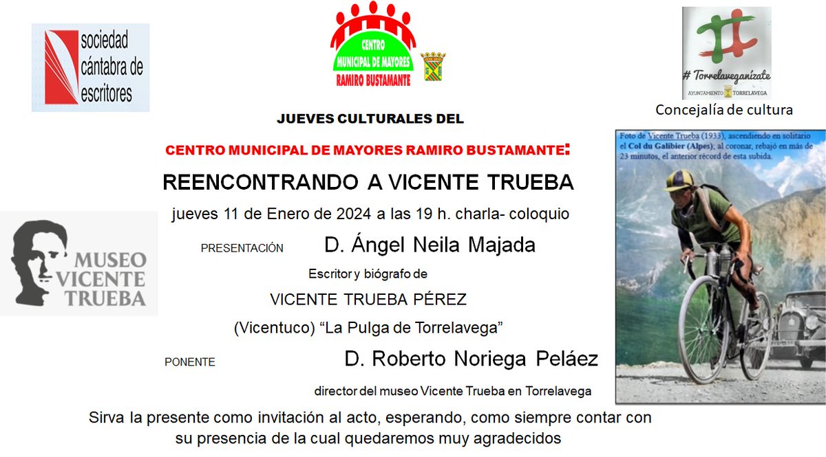 Pues lo comentado ayer día 03 : el próximo jueves día 11/enero,  Conferencia inicial con el título Reencontrando a Vicente Trueba, en el Centro de Mayores Ramiro Bustamante de Torrelavega, a cargo del director del Museo.
La presenta D. Ángel Neila (biógrafo de Vicente Trueba).