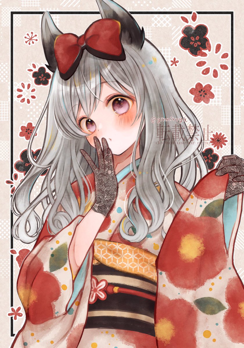 1girl solo japanese clothes kimono animal ears gloves grey hair  illustration images