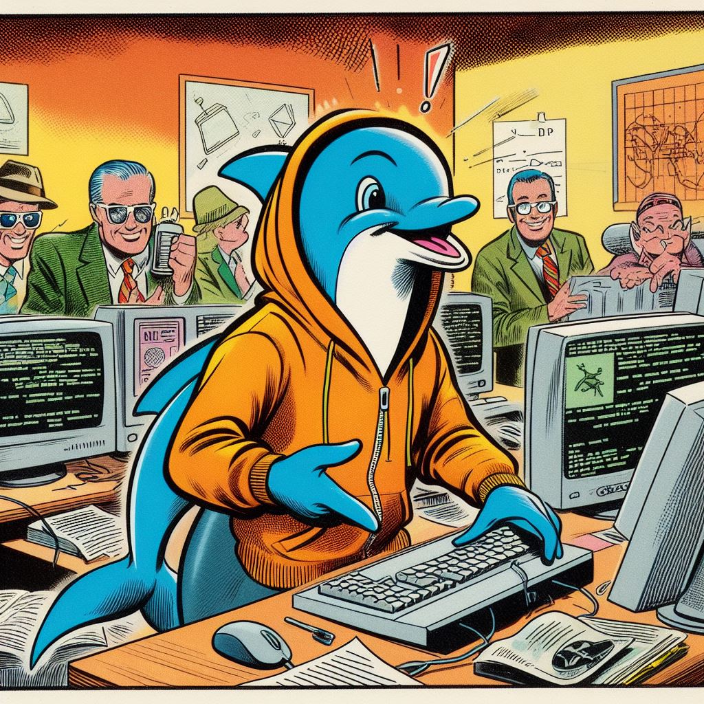 5huhin's tweet photo. Meet Flipper, the tech-savvy dolphin at the National Security Agency. With Linux skills and a playful spirit, he's making waves, teaching others and spreading joy. ๐ฌ๐ป #TechDolphin #NSA #Linux #BingAI #AIArtwork https://t.co/bDIPk06iFx