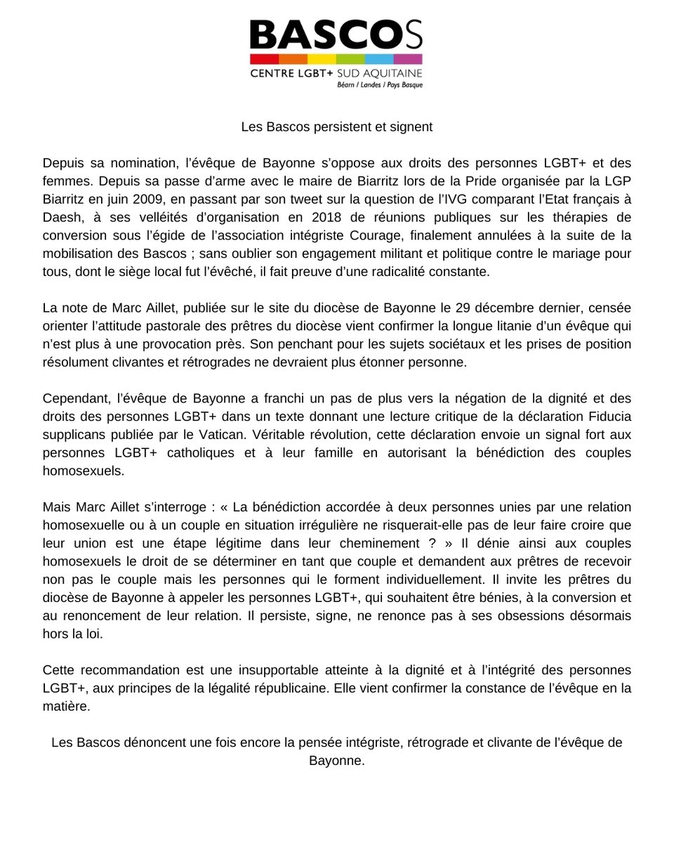 <a href="/LesBascos/">les bascos</a>  dénoncent la pensée intégriste, rétrograde et clivante de l'évêque de Bayonne qui s'oppose aux avancées #LGBT+ du pape François <a href="/MediabaskInfo/">Mediabask info</a>  <a href="/SO_Paysbasque/">SO_Paysbasque</a> <a href="/F3euskalherri/">France3 Euskal Herri Pays Basque</a>  @Bleu_Basque  <a href="/euskalirratiak/">Euskal Irratiak</a>   <a href="/FederationLGBTI/">Fédération LGBTI+</a> @FSGL_org <a href="/DILCRAH/">DILCRAH</a> <a href="/TETUmag/">têtu·</a> <a href="/komitid_fr/">Komitid</a>