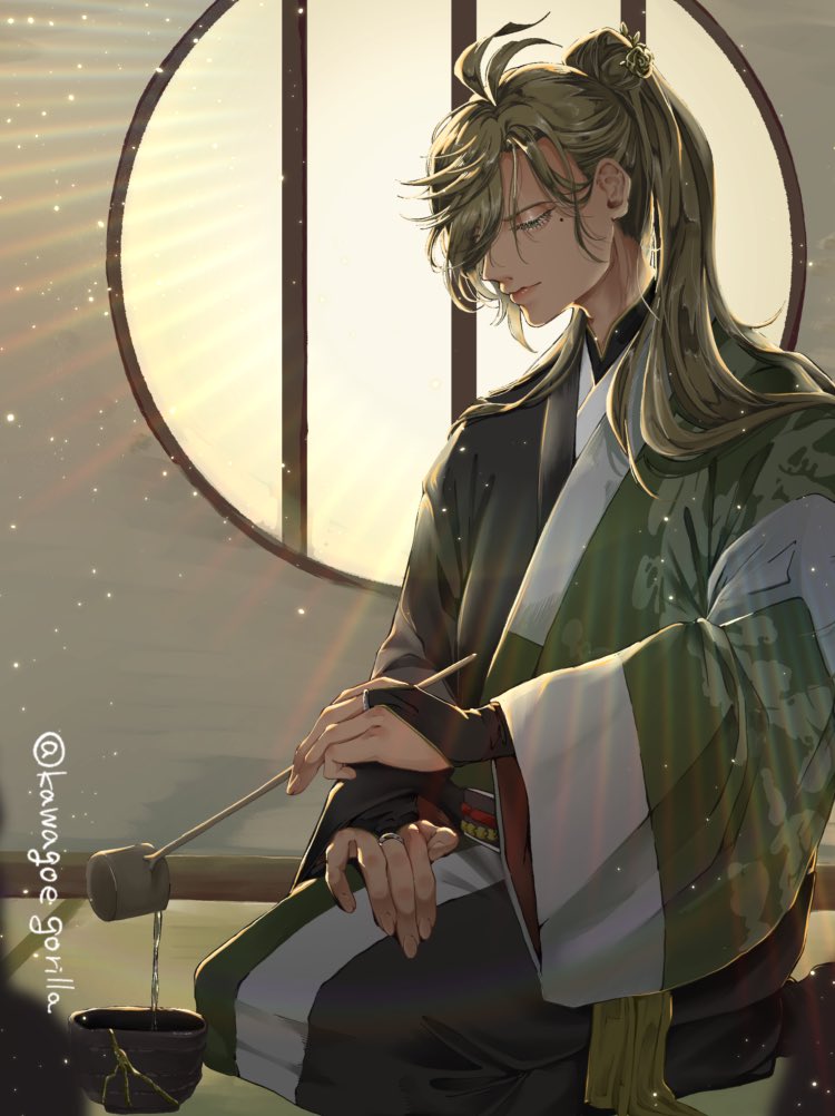 1boy male focus long hair solo seiza sitting japanese clothes  illustration images