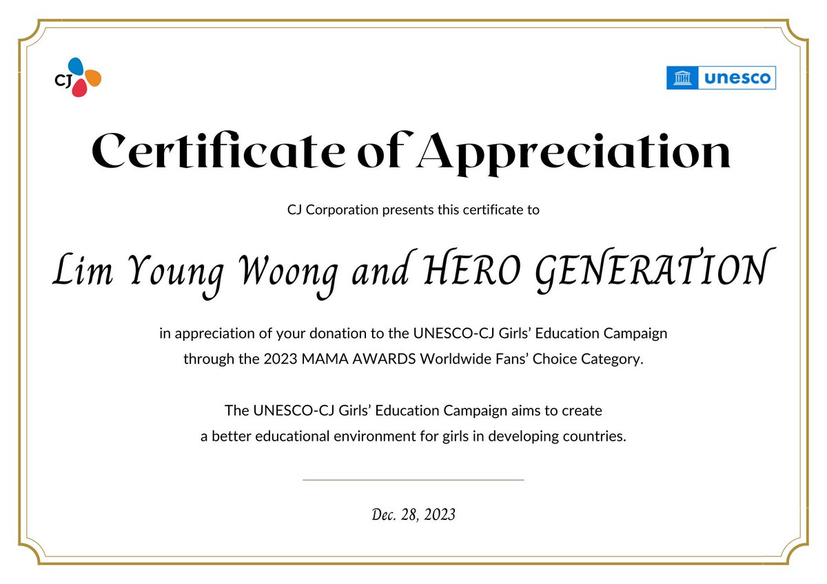 [#2023MAMA] Certificate of Donation with #Spotify @SpotifyKR Certificate of Appreciation to #LIMYOUNGWOONG and #HERO_GENERATION #임영웅 - #영웅시대 Thank you to everyone who voted for 2023 MAMA AWARDS. ONE I BORN 2023 MAMA AWARDS #2023MAMAxSpotify #2023MAMAAWARDSxSpotify