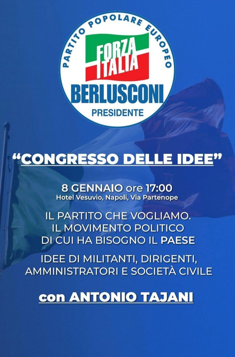📣 Unisciti a noi al “Congresso delle Idee”! 🗓️ 8 Gen, 17:00, Hotel Vesuvio, Napoli. Discuti il futuro del nostro partito con Antonio #Tajani e tanti altri. Idee, dialogo, azione! 🚀 #CongressoDelleIdee #IlPartitoCheVogliamo #ForzaItalia 

👉 shorturl.at/abMSY