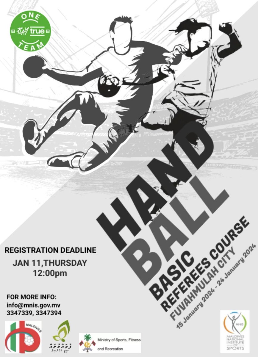 MNIS to conduct Handball basic referees course in Fuvahmulah City from 15th January 2024 to 24th January 2024. Registration is open till 12 PM of 11th January 2024. To register please visit: forms.gle/qHnhb6nLQgwZgQ… @HandballMaldiv1 @FVMCouncil