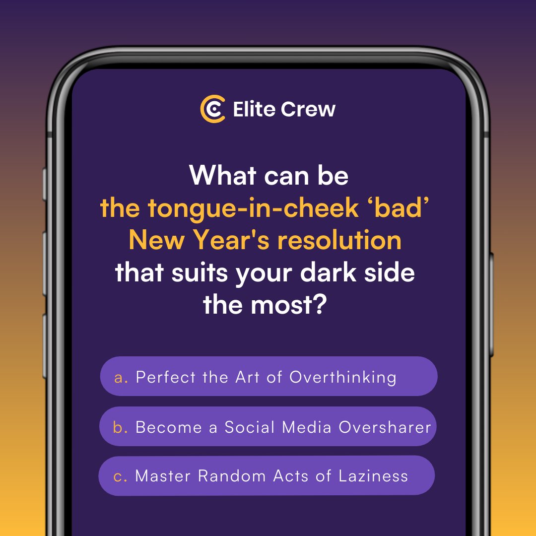 elitecrewio's tweet photo. ❓ What can be the most tongue-in-cheek 😜 New Year's resolution that suits your dark side?

🔴Perfect the Art of Overthinking 🤯🌩️ overanalyze every tiny detail
🔴Become a Social Media Oversharer 📲 document every single moment of your life
🔴Master Random Acts of Laziness 😴📺 https://t.co/xSB91UV1dQ