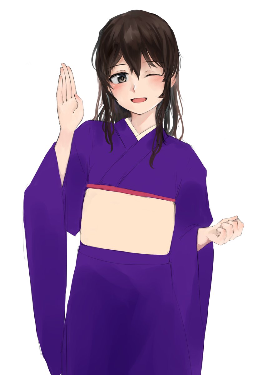 ashigara (kancolle) 1girl solo japanese clothes one eye closed kimono long hair white background  illustration images