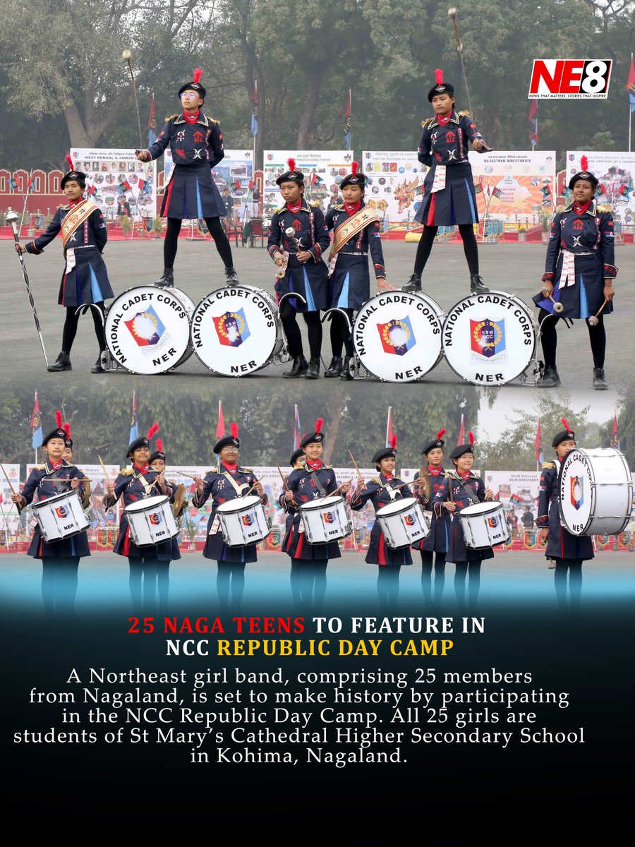 northeast_8's tweet photo. A Northeast girl band, comprising 25 members from St Mary’s Cathedral Higher Secondary School in Kohima, Nagaland, is set to make history by participating in the NCC Republic Day Camp. 
#nagaland #northeastindia #ncc #nagalandncc #day #republicday https://t.co/HC36QvIzSR