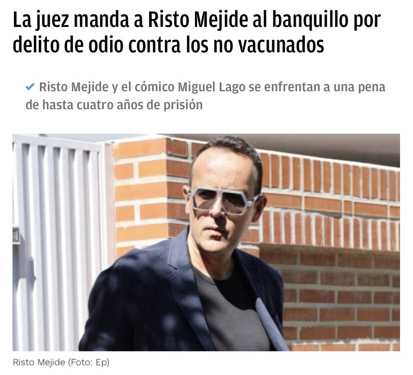 ultimocolinesio's tweet photo. Risto y Miguel Lago pueden pasar hasta 4 años en la carcel x delito de odio contra el colectivo de no vacunados . la Asociación Liberum @Aso_Liberum y el abogado José Luis Mazón sientan en el banquillo de los acusados a ambos faranduleros 👇🤣 https://t.co/ILdg0PmdHm