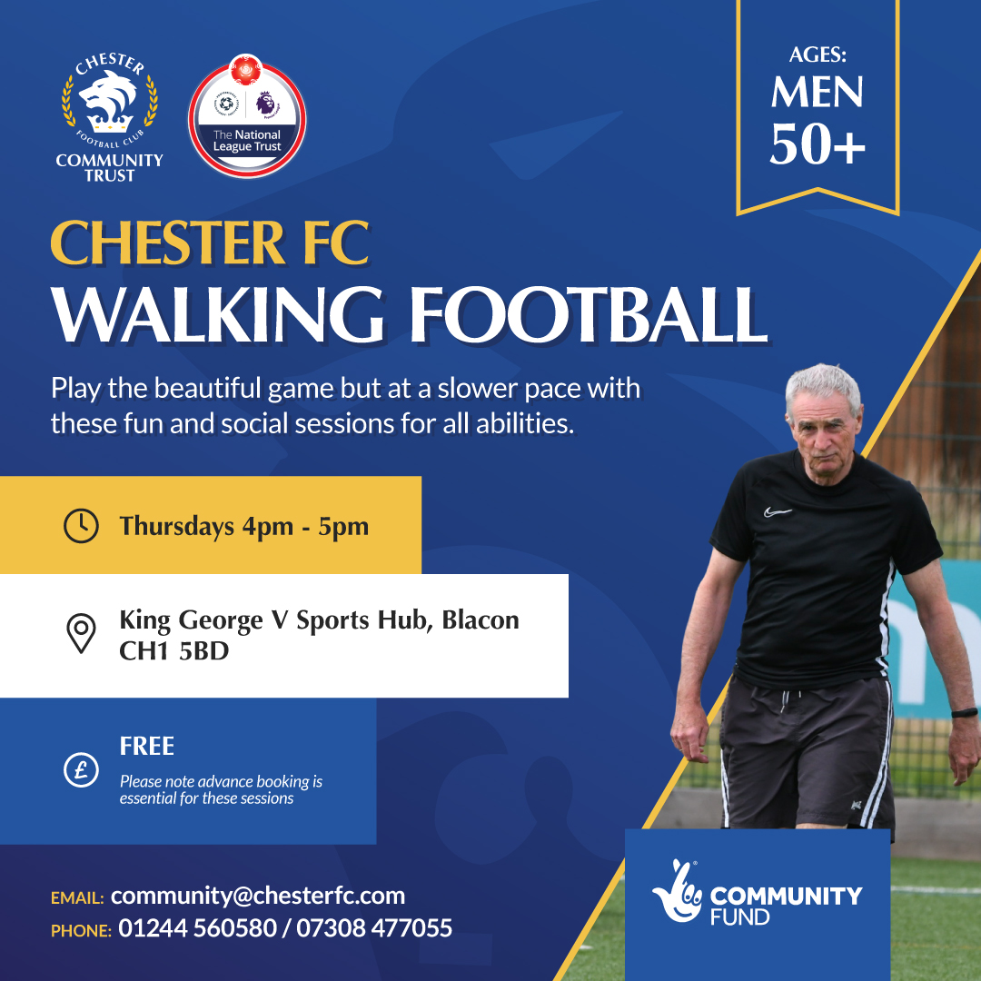 Chester FC Community Trust (@cfc_commtrust) on Twitter photo ๐๐ต๐ฒ๐๐๐ฒ๐ฟ ๐๐ ๐ช๐ฎ๐น๐ธ๐ถ๐ป๐ด ๐๐ผ๐ผ๐๐ฏ๐ฎ๐น๐น
๐ถโโ๏ธโฝ Our FREE walking football group for men aged 50 and over restarts on 11th January and new players are welcome, with sessions running from 4pm-5pm at <a href="/KGVSportsHub/">King George V Community Sports Hub</a>.
Register โก๏ธ bit.ly/3ACBUmK ๐๐ต๐ฒ๐๐๐ฒ๐ฟ ๐๐ ๐ช๐ฎ๐น๐ธ๐ถ๐ป๐ด ๐๐ผ๐ผ๐๐ฏ๐ฎ๐น๐น
๐ถโโ๏ธโฝ Our FREE walking football group for men aged 50 and over restarts on 11th January and new players are welcome, with sessions running from 4pm-5pm at <a href="/KGVSportsHub/">King George V Community Sports Hub</a>.
Register โก๏ธ bit.ly/3ACBUmK
