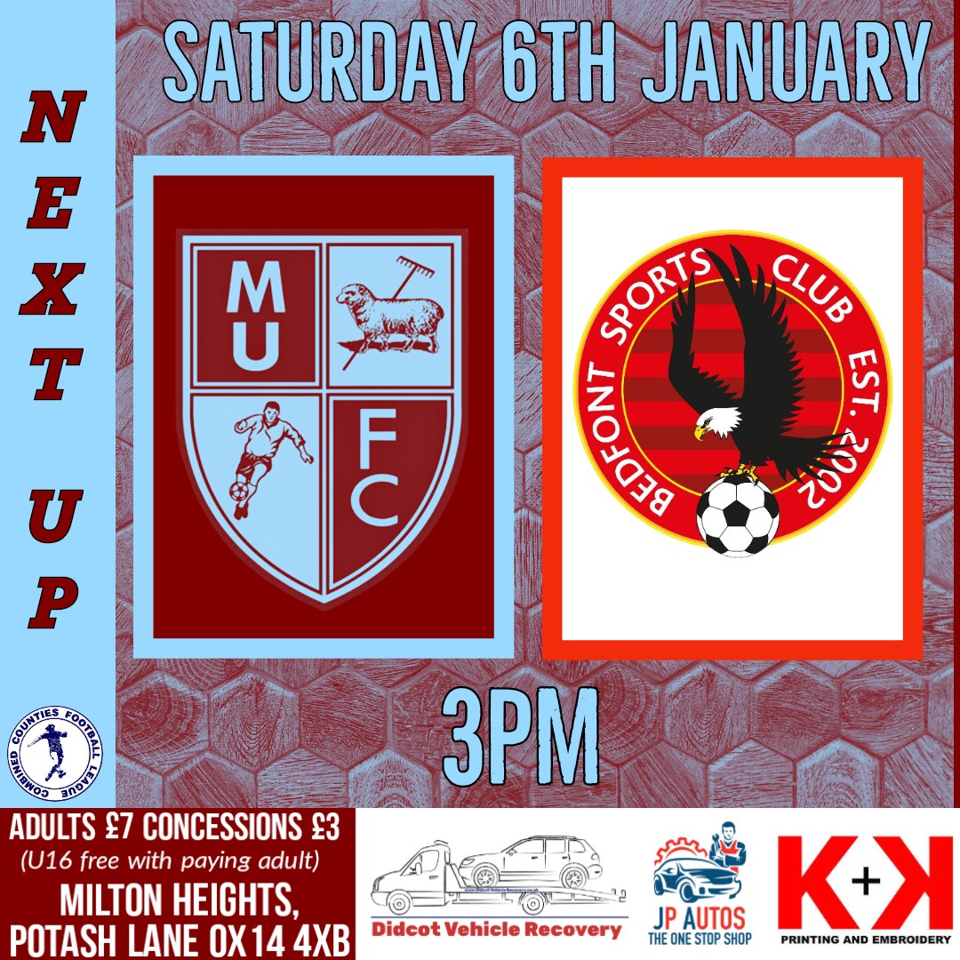 MiltonUnited's tweet photo. Next Up.

🏆 @ComCoFL 
🗓️ Sat 6th Jan
🕒 KO - 3pm
🆚 @BSFC_Official
📈 6th vs 4th
🏟️ The Heights, OX14 4XB 
🍔 Hot Food available
🍻 Bar Open from 1.30pm
🎟️ Adults £7, Conc £3

#UTM https://t.co/E1RauovGh8