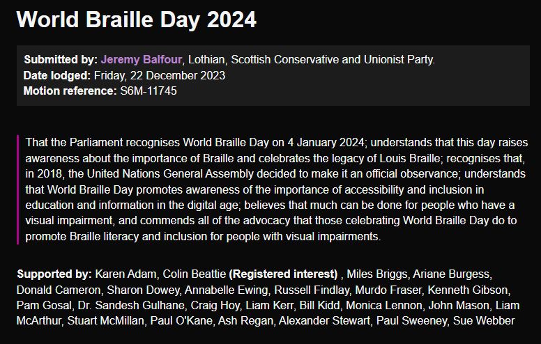 SightScotland's tweet photo. Happy World Braille Day! 

Thanks @JeremyRBalfour for the motion highlighting the importance of braille and the difference it makes to the lives of many blind people. 

Accessible communication is essential for inclusion and today we celebrate Louis Braille. https://t.co/b9LSV69vGN