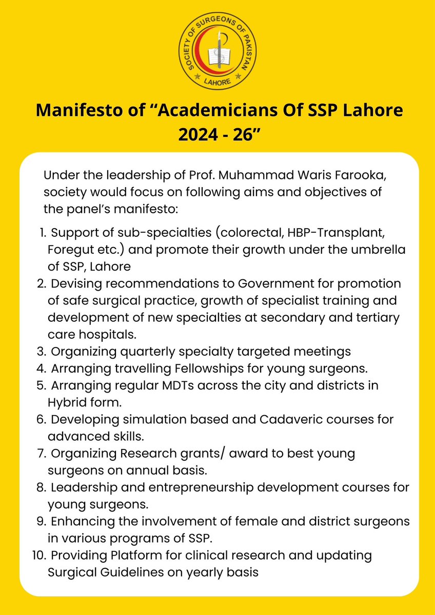 drwarisfarooka's tweet photo. I am enthusiastic to announce my candidacy for the position of President in the Society of Surgeons Pakistan Lahore Chapter! Alongside a team of dedicated individuals, we aim to bring positive change, foster collaboration, and advance the field of surgery. https://t.co/uNj77bDJFg