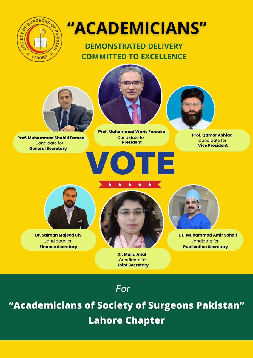 drwarisfarooka's tweet photo. I am enthusiastic to announce my candidacy for the position of President in the Society of Surgeons Pakistan Lahore Chapter! Alongside a team of dedicated individuals, we aim to bring positive change, foster collaboration, and advance the field of surgery. https://t.co/uNj77bDJFg