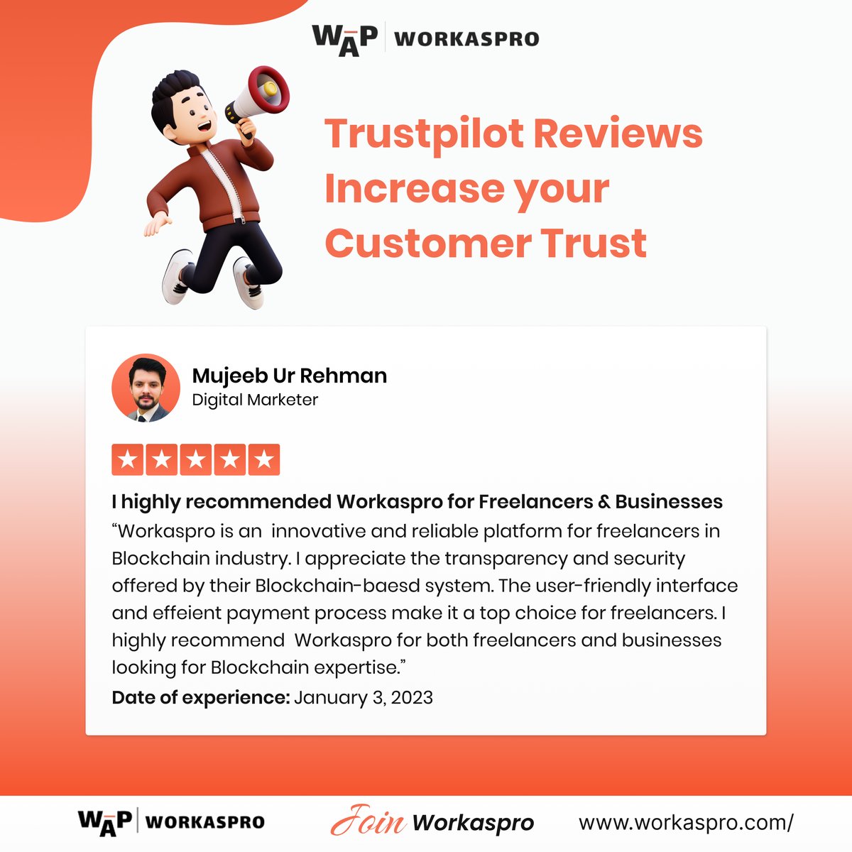 Hi #WorkAsPro Family,

Trustpilot Reviews Increase your Customer Trust.

#WorkAsPro #blockchaintechnology #blockchaininnovation #freelancing #trustpilotreviews #trustpilot