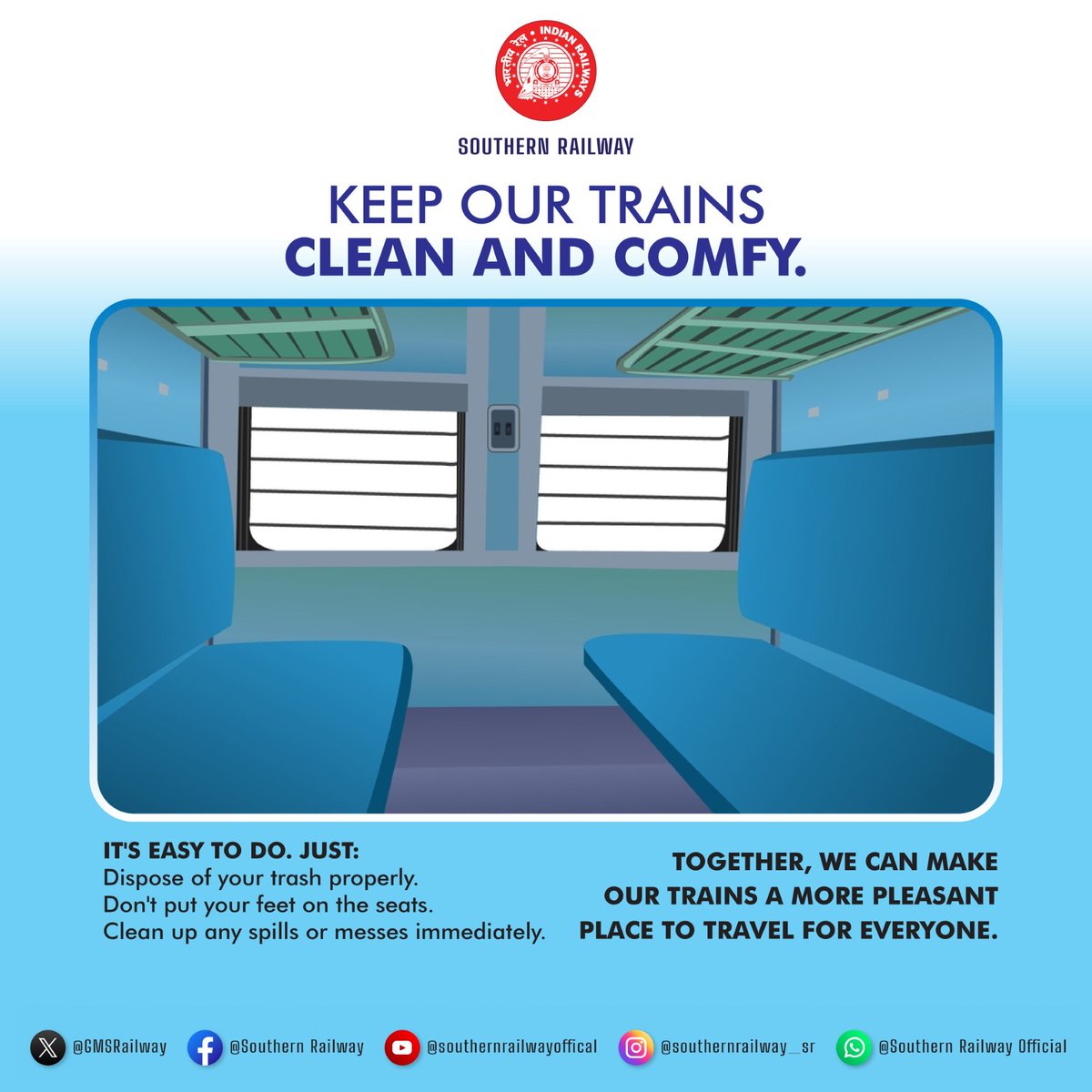 DrmChennai's tweet photo. Keep the journey pleasant for all! Let's join hands to keep train coaches clean.
Dispose of waste responsibly. 🚂🚮
#WasteManagement #CleanIndia #ResponsibleCommute https://t.co/fcAiUWLtkO