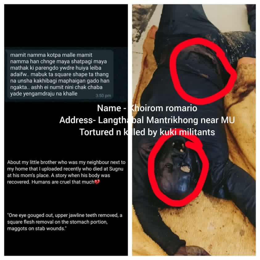 GaanKshetri's tweet photo. @tsthangkhopao The inHuman act of kuki. Eyes gouged, pouring out intestines, fingers chopped, hand broken and burnt while the heart still continues to pump.
#KukiAtrocities 
#InhumanAct
#cruelty
#Kuki_ZoDrugCommunity https://t.co/9WzkGeymJ8