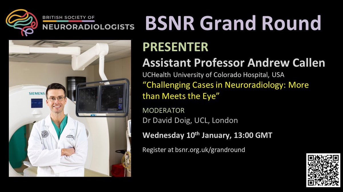 BSNR (@thebsnr) on Twitter photo Happy new year!
We are pleased to announce our January BSNR Grand Round - we look forward to hosting <a href="/AndrewCallenMD/">Andrew L Callen MD</a>!
🕰️ 13.00 GMT Wed 10th January
💲 Free and available to all
Register 👉🏾 bsnr.org.uk/grandround/ #neurorad #foamrad Happy new year!
We are pleased to announce our January BSNR Grand Round - we look forward to hosting <a href="/AndrewCallenMD/">Andrew L Callen MD</a>!
🕰️ 13.00 GMT Wed 10th January
💲 Free and available to all
Register 👉🏾 bsnr.org.uk/grandround/ #neurorad #foamrad
