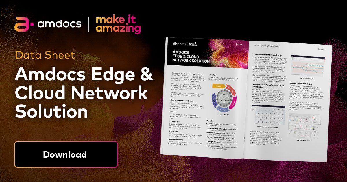 AmdocsNetworks's tweet image. Ready to take your network to the next level? The @Amdocs #Edge & #Cloud #solution can be designed, deployed & operated to provide a truly end-to-end experience across a multi-vendor ecosystem. Learn more: amdocs.com/products-servi… #5G  #Network #Data