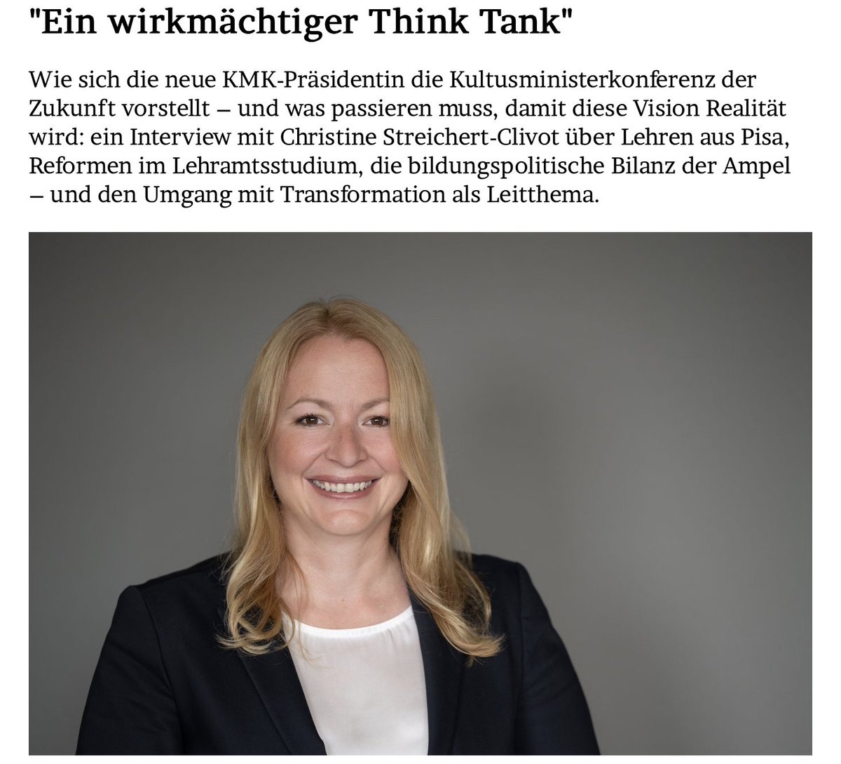 'Ein wirkmächtiger Think Tank' Das Interview mit der neuen #KMK-Präsidentin Christine Streichert-Clivot über die Zukunft der #Kultusministerkonferenz, Lehren aus #Pisa, Reformen im Lehramtsstudium und die bildungspolitische Bilanz der #Ampel. Im Blog: jmwiarda.de/2024/01/04/ein…