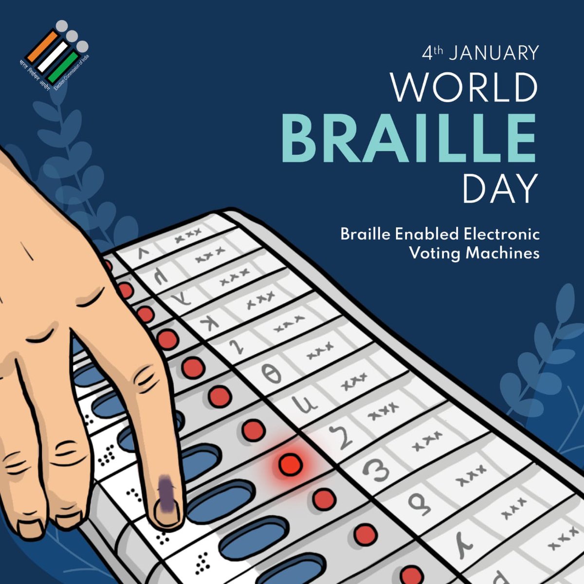 Enabling democracy for the visually impaired through #BrailleEnabledEVMs 

This #WorldBrailleDay #ECI reasserts its commitment to #InclusiveandAccessibleElections.

  #IVote4Sure