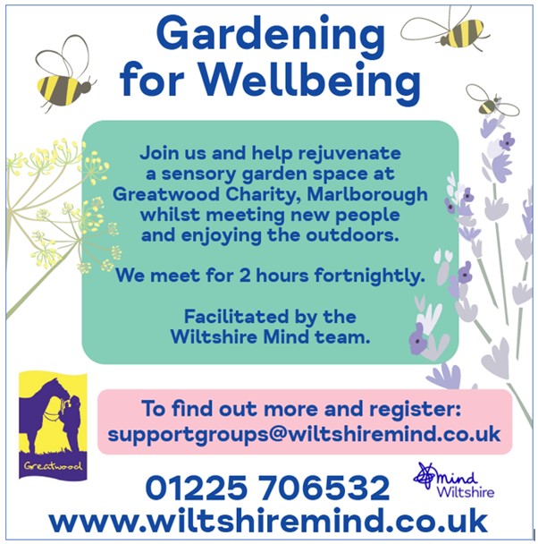 Join us and help rejuvenate a sensory garden space at Greatwood Charity, Marlborough whilst meeting new people and enjoying the outdoors. We meet fortnightly for 2 hours. For more information please email supportgroups@wiltshiremind.co.uk. #Wellbeing #gardening #wiltshire