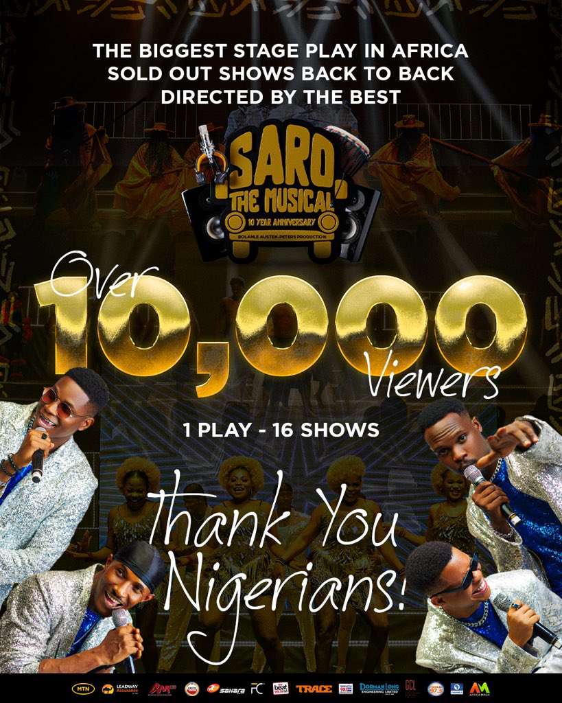 8 DAYS!! 16 SHOWS!! 1 PLAY!! 10,000+ VIEWERS!!!

THANK YOU NIGERIANS!❤️ See you at EASTER.

#Soldoutshows #SoldOut #terrakulture #bapproductions #terratribe #sarothemusical #saro #saro10thyearannivesary #saroat10