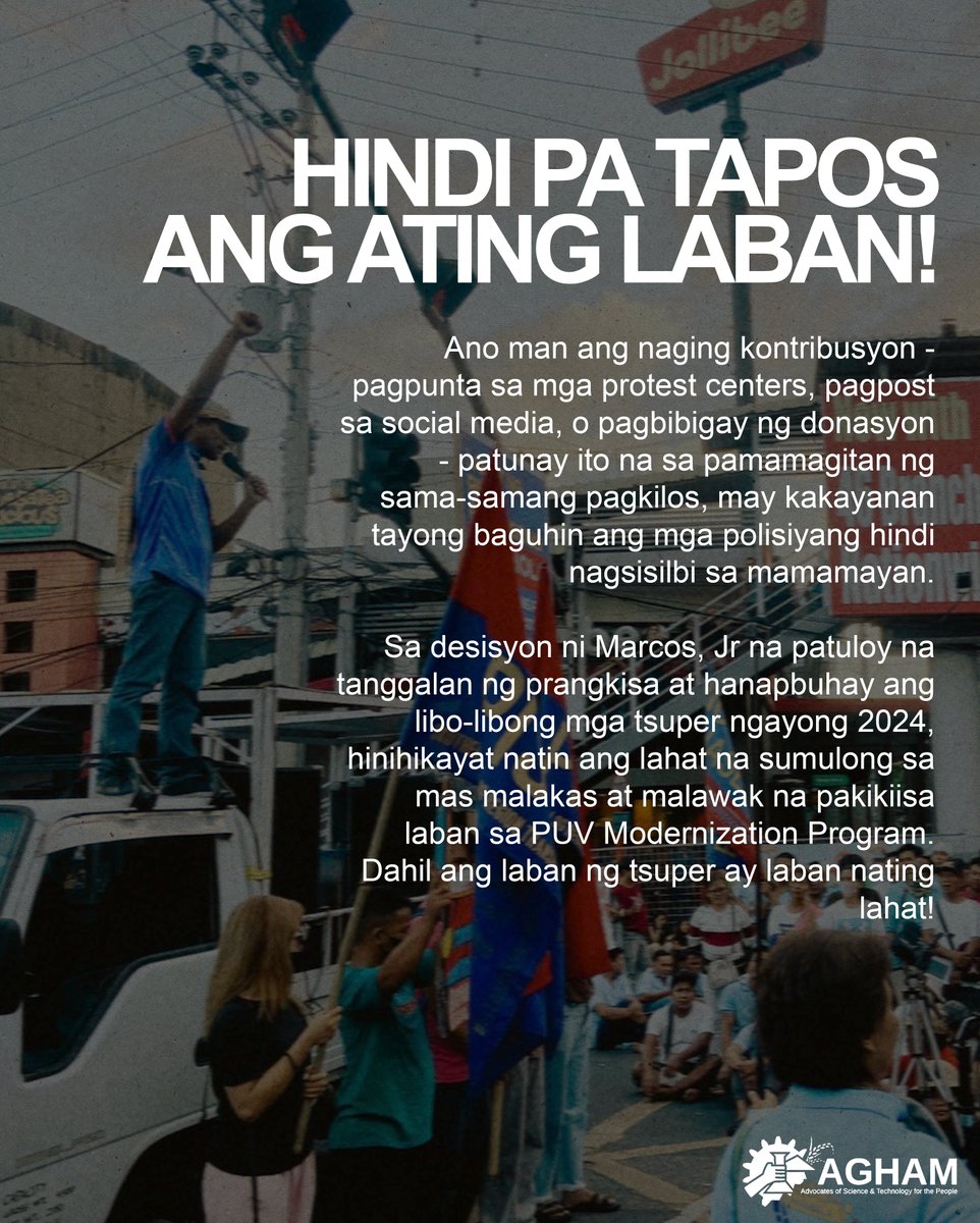 AghamNasyunal's tweet photo. Sa desisyon ni Marcos Jr na tuluyang tanggalan ng prangkisa at hanapbuhay ang libo-libong mga driver-operators ngayong 2024, hinihikayat natin ang lahat na sumulong sa mas malakas at malawak na pakikiisa sa panawagang #NoToPUVModernizationProgram!
#NoToJeepneyPhaseout https://t.co/wgVibP04Fi