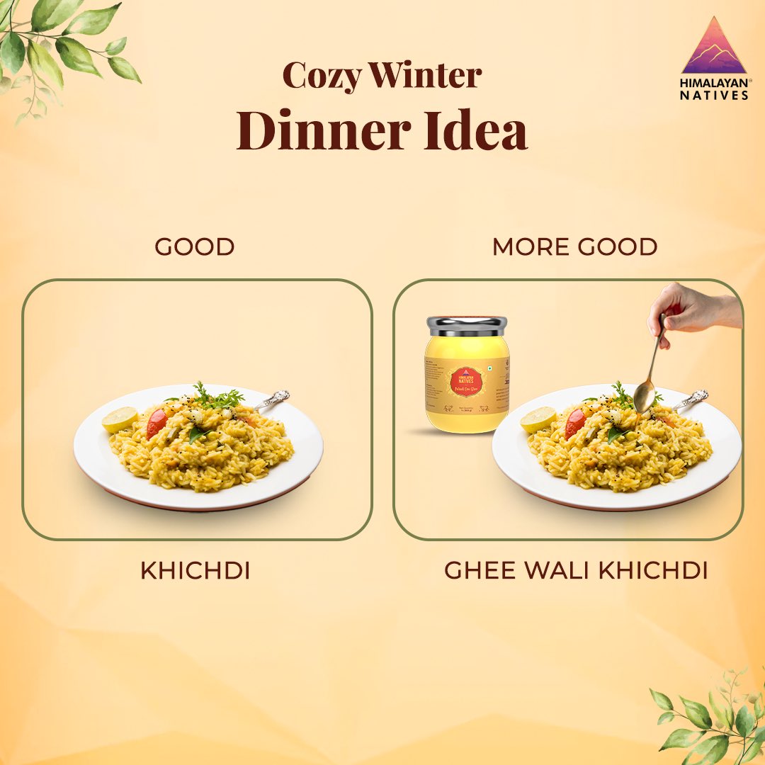 Now turn your ordinary Khichdi into a flavourful, aromatic and nutritious delight with our spoonful of Shuddh Desi Ghee! 🥘 🍯

Visit bit.ly/HNShuddhGhee to get your Jar of Shuddh Desi Ghee. 🛒

#GheeinWinter #Gheerecipes #A2Ghee #BilonaGhee #HealthyEating #HimalayanNatives