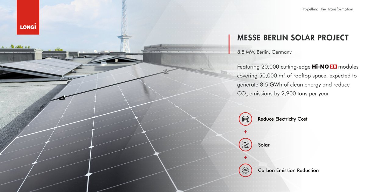 LONGi partners with VODASUN to build a colossal rooftop solar solution covering 50,000 m² with 20,000 Hi-MO X6 modules, the third-largest in Germany. The system will generate 8.5 GWh of clean energy and reduce CO2 emissions by 2,900 tons annually.