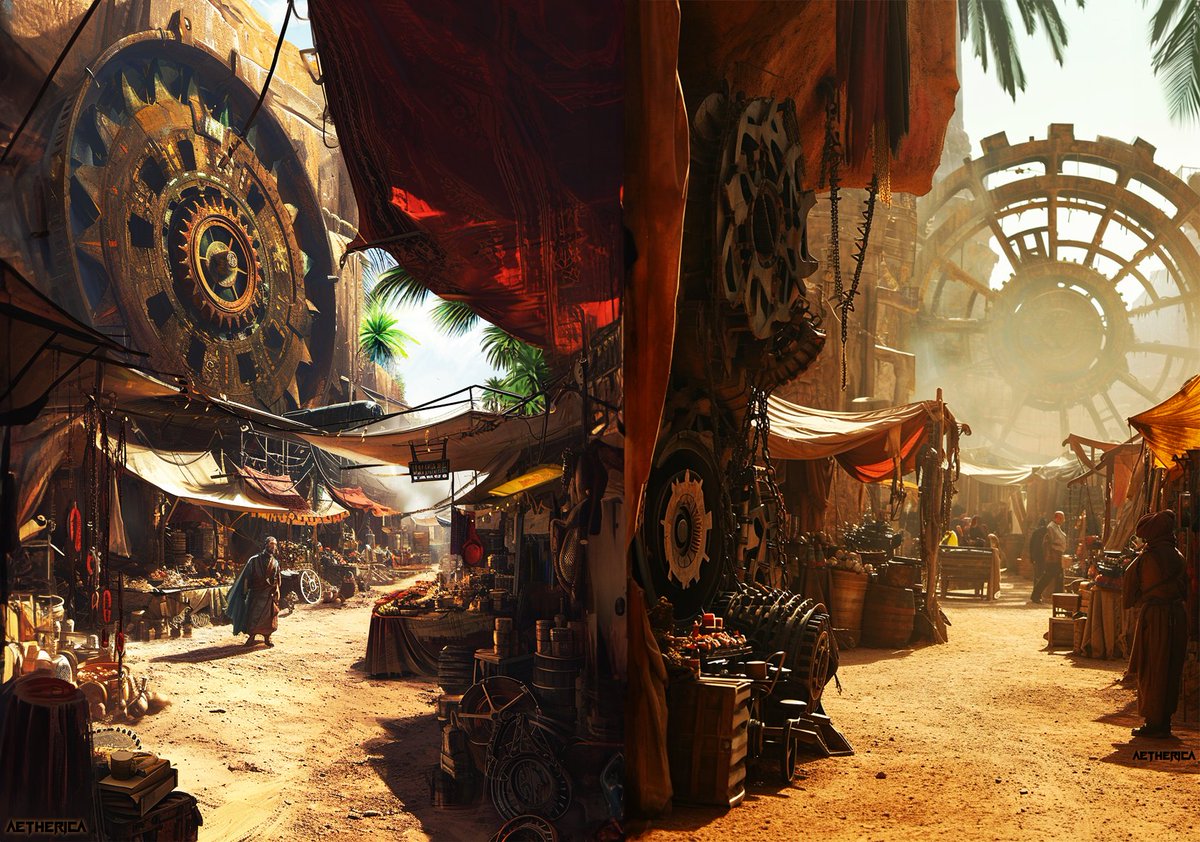 AethericaX's tweet photo. Location: Oasis Market
Stalls are crammed between the dormant Helios machines, and the precious water of the oasis. Will you go left or right? A simple decision could have huge consequences...
World: #HeliosOne | #Worldbuilding | #MidjourneyV6 | #ConceptArt