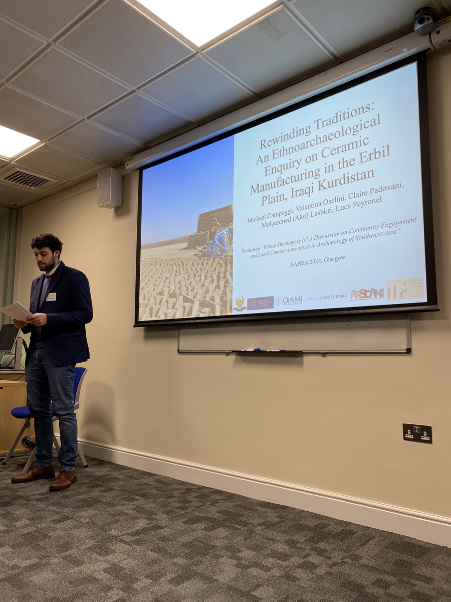 A_prehistorian's tweet photo. Presentation by Michael Campeggi et al on ethnoarchaeological investigations of ceramic manufacture in the Erbil plain, focusing on community-based traditional crafts #banea2024 https://t.co/1QSsaowqyN