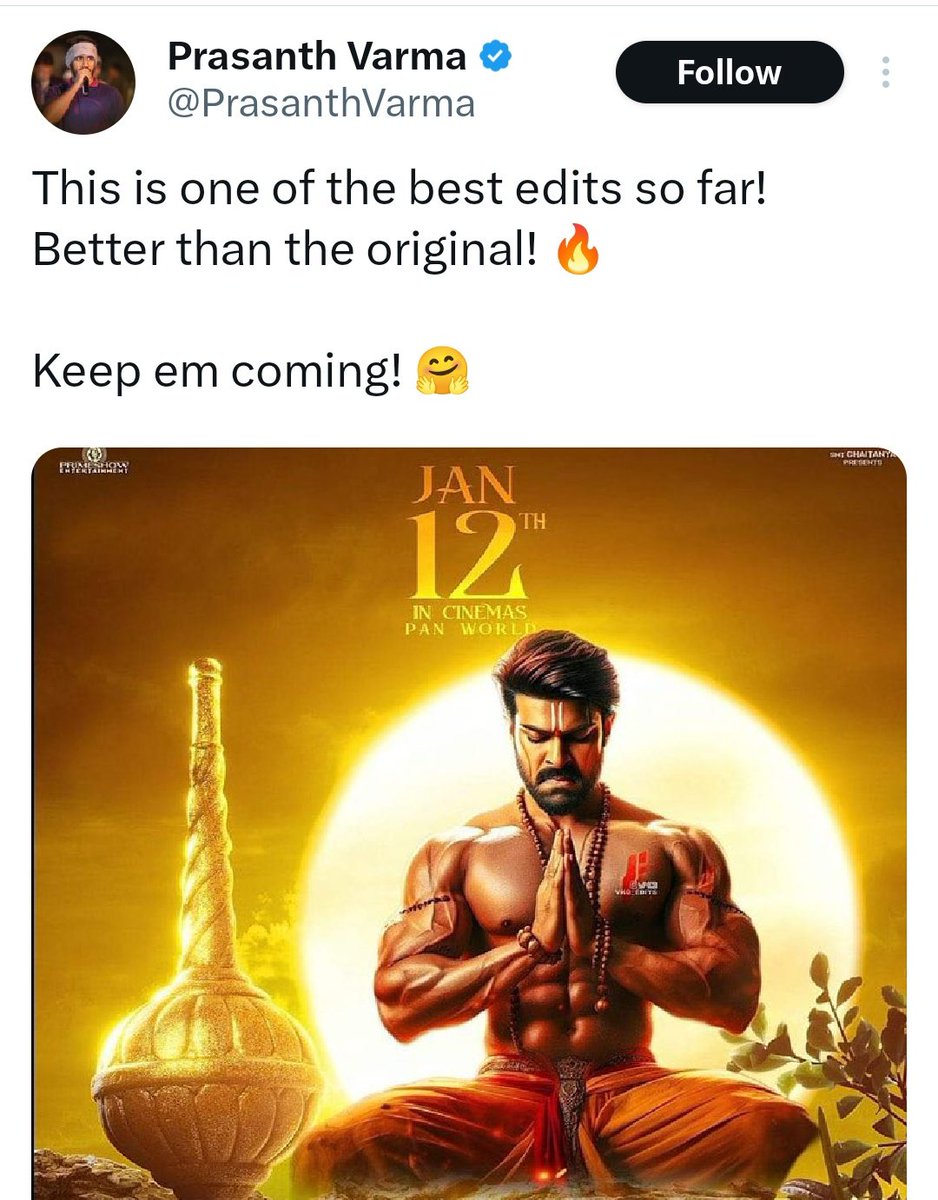 Ramcharan_VKG's tweet photo. @PrasanthVarma chaalu anna 🥹🫶❤️🔥 #RamCharan #Hanuman #HanuManTuesday #HanumanOnJan12th https://t.co/M45XWZofeC