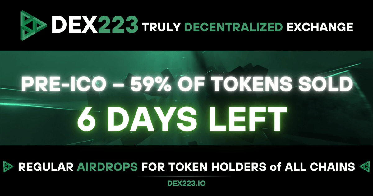 Dex_223's tweet image. &quot;Beyond uniformity lies the thrill of accessing #exclusive #assets. Our platform aims to bridge this gap, making previously untradeable assets available.&quot; @dexaran #TheManBehindTheCode

59%+ #D223 Tokens claimed – fill your bags fast!

#lowcaps #DEX #margintrading #autolisting