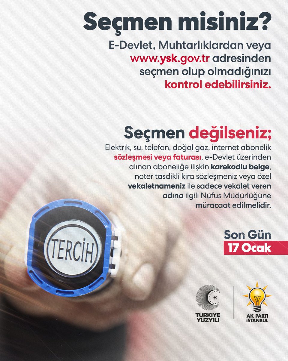 snmshnerdogan's tweet photo. Seçmen misiniz ? 

Ögrenci misiniz ?

Depremzede seçmen misiniz?

E-devlet, muhtarlıklar ve https://t.co/FKYiyIpqij adresinden seçmen olup olmadığınızı kontrol edebilirsiniz.

Engelsiz Sandık için 

‼️Son gün 17 Ocak https://t.co/i8FDM1hRWW