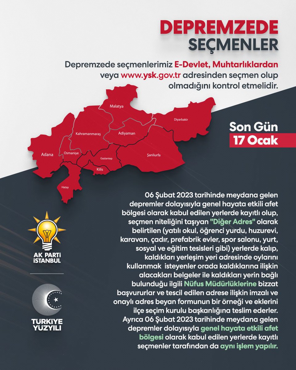 Seçmen misiniz ? 

Ögrenci misiniz ?

Depremzede seçmen misiniz?

E-devlet, muhtarlıklar ve ysk.gov.tr adresinden seçmen olup olmadığınızı kontrol edebilirsiniz.

Engelsiz Sandık için 

‼️Son gün 17 Ocak
