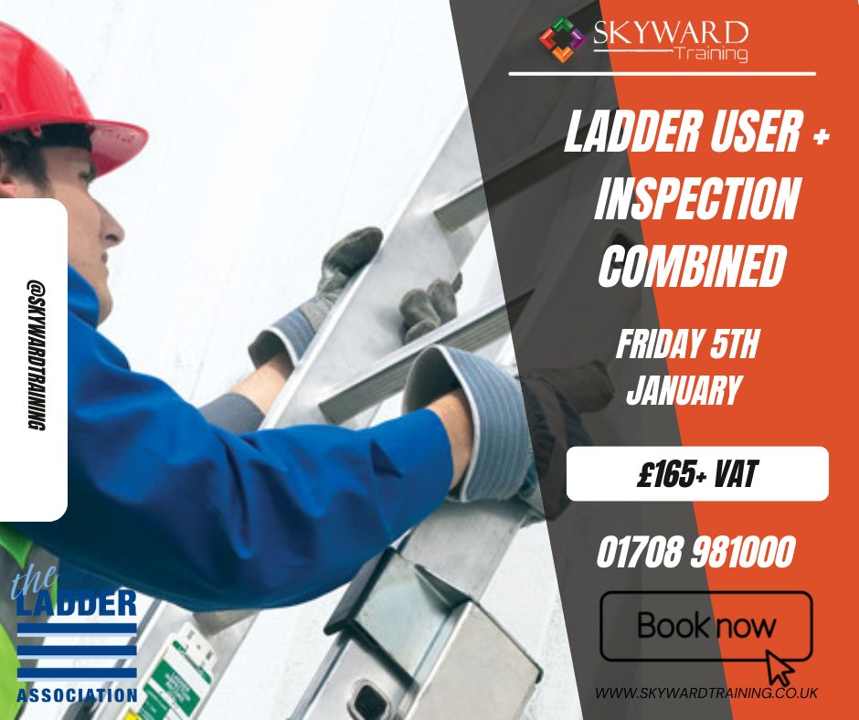 Book your space now! Friday 5th January 

call today on 01708 981000 or book via skywardtraining.co.uk 

#skywardtraining #ladderuser #laddercourse #laddercombined #inspection #ladder #training #ladderassociation