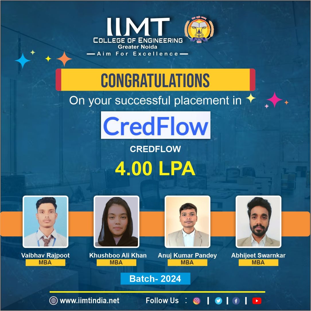 iimtnoida's tweet photo. We are thrilled to announce the successful placement of our talented students in "CredFlow" at an impressive package of 4.00 LPA!
.
https://t.co/UOh7RIbr6l
Call us: 9520886860
.
#IIMTIndia #IIMTNoida #IIMTian #IIMT
#SuccessStory #PlacementSuccess #CredFlow #NewBeginnings https://t.co/XvlQ9J3KgX