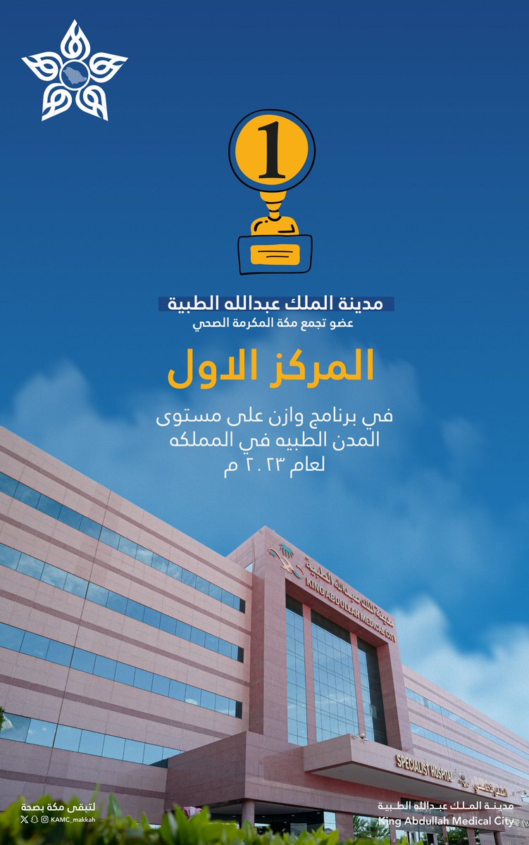#مدينة_الملك_عبدالله_الطبية 
عضو تجمع مكه المكرمة الصحي 
تحصد المركز الأول ببرنامج وازن على مستوى المدن الطبية في المملكه لعام ٢٠٢٣ م .
