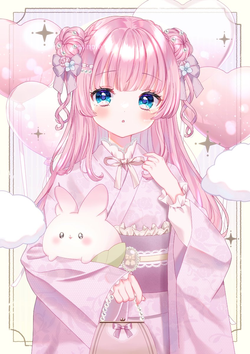 1girl kimono double bun pink hair japanese clothes balloon blue eyes  illustration images