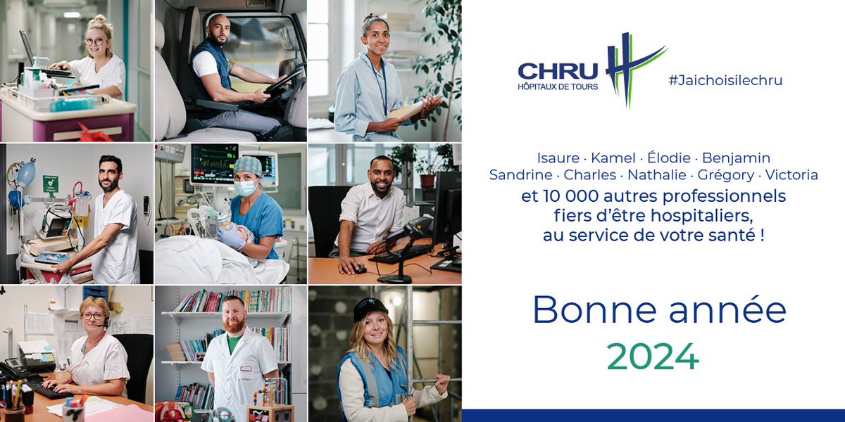 [Bonne année !] ✨✨Isaure, Kamel, Elodie, Benjamin, Sandrine, Charles, Nathalie, Gégory, Victoria… et 10 000 autres professionnels du CHRU de Tours, fiers d’êtres hospitaliers, au service de votre santé, vous souhaitent une bonne année 2024 ! ✨✨ #Jaichoisilechru