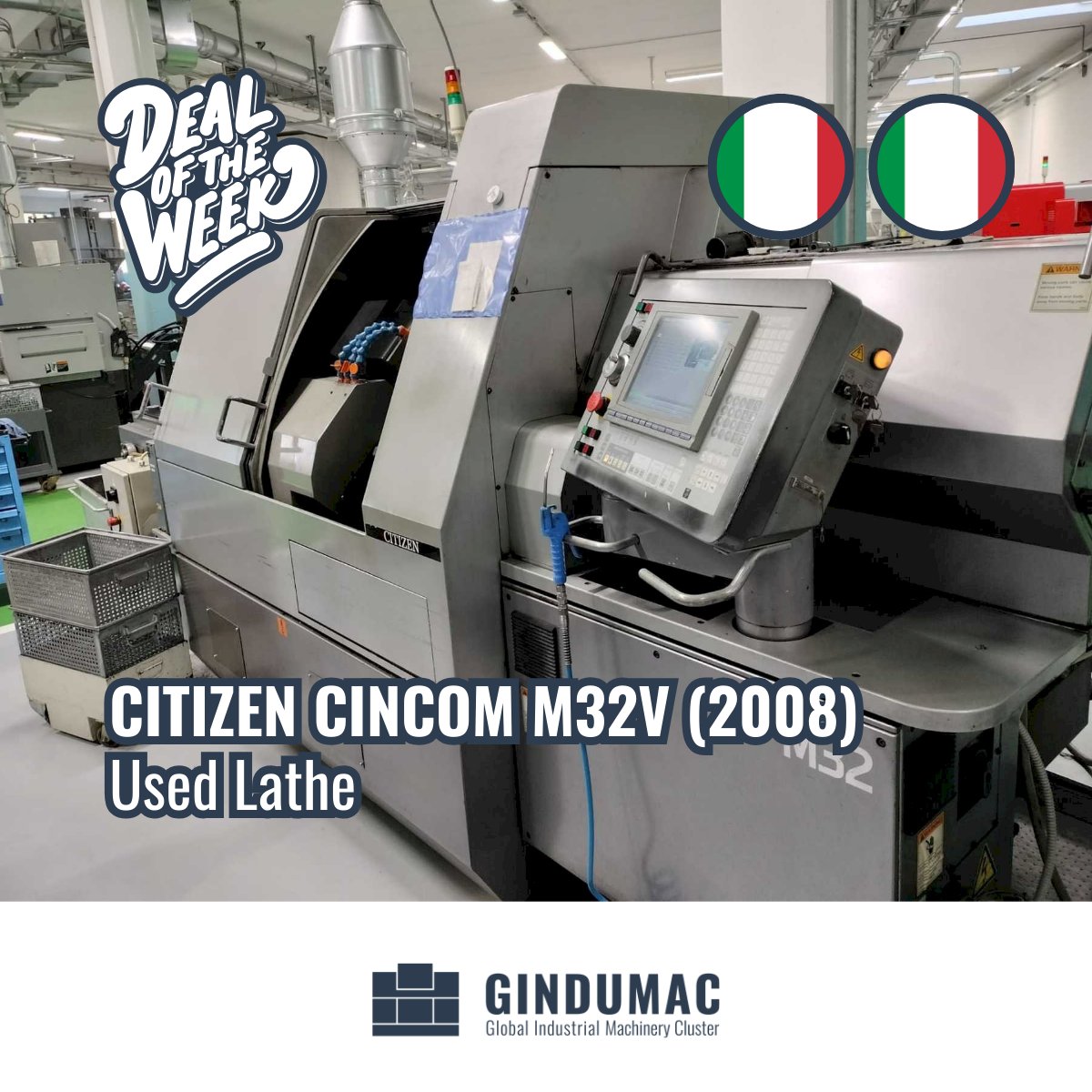 Deal of the Week!
 
Used Lathe CITIZEN CINCOM M32V (2008), sold from Italy to Italy, EXW, 87 km to go.
 
See machine: bit.ly/3yp4VRB

#gindumac #usedmachinery #lathe #citizen #dealoftheweek