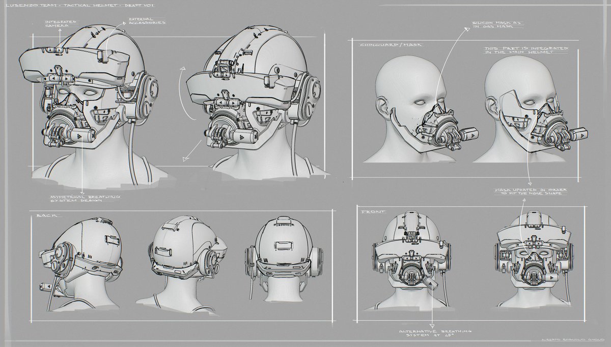 Explorations for the special force Lusenzo Regiment tactical helmet. The goal here was to start the sketching part directly in 3D and then drawing on top details and variations.

Thanks Gavin Manners for the feedback on this.

#conceptart #propsdesign #hardsurface #specialforces