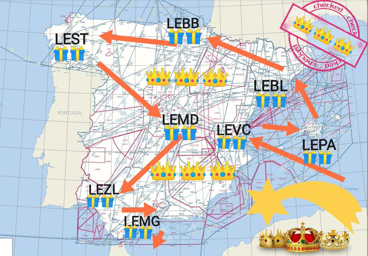 controladores's tweet photo. #ATENCIÓN ¡¡¡Noticia de Alcance!!! 
Recién publicada la información aeronáutica referente a la operación #REYES2024🤴🤴🏻🤴🏿. 
El Notam y las Cartas informando de la ruta que seguirán durante la tarde-noche del día 5 los aviones que traen los 🎁🎁🎁 para los niños de España. 
IMPORTANTE: Los aeropuertos elegidos por SSMM son únicamente bases desde las que realizar los repartos. Ningún niño se va a quedar esa noche sin sus regalitos. Los pajes trabajarán duro para llevar los regalos a TODAS las poblaciones de España.
¡¡Que nervios!!