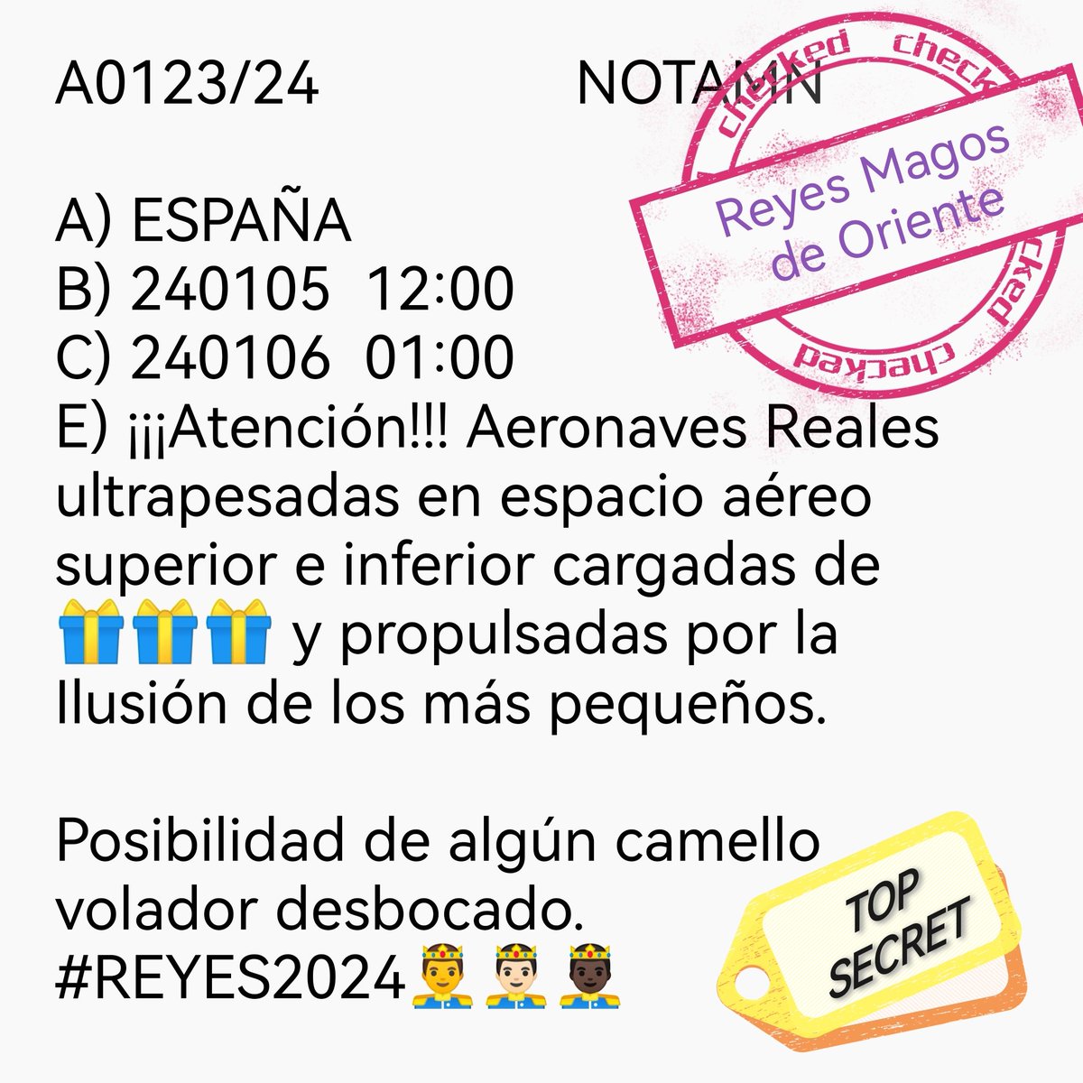 controladores's tweet photo. #ATENCIÓN ¡¡¡Noticia de Alcance!!! 
Recién publicada la información aeronáutica referente a la operación #REYES2024🤴🤴🏻🤴🏿. 
El Notam y las Cartas informando de la ruta que seguirán durante la tarde-noche del día 5 los aviones que traen los 🎁🎁🎁 para los niños de España. 
IMPORTANTE: Los aeropuertos elegidos por SSMM son únicamente bases desde las que realizar los repartos. Ningún niño se va a quedar esa noche sin sus regalitos. Los pajes trabajarán duro para llevar los regalos a TODAS las poblaciones de España.
¡¡Que nervios!!