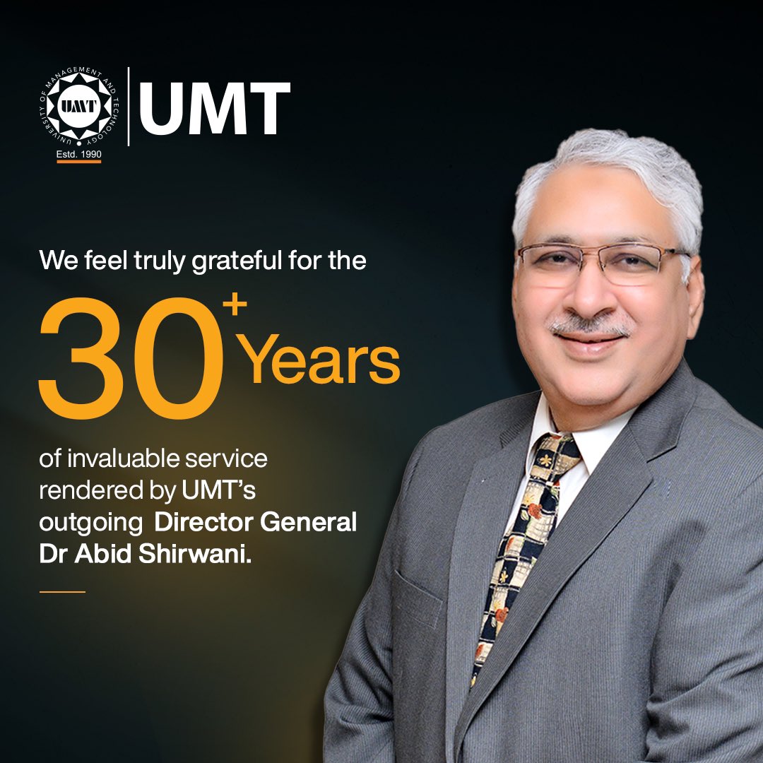 UMTOfficial's tweet photo. Farewell to Dr. Abid Shirwani, our esteemed outgoing Director General, who played a pivotal role in shaping UMT's success over three decades. Best wishes on his new journey as Chief Advisor on Innovation!
#myUMT #UMTmyFirstChoice https://t.co/8qpM7suRm4