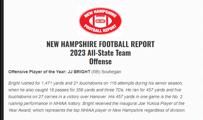 Jayden Bright (@jjbright0) on Twitter photo Excited to see <a href="/603SportsMedia/">Roger Brown</a> named me OFFENSIVE PLAYER OF THE YEAR among all 4 divisions in the state. Grateful to spend 4 years at Souhegan with so many coaches who taught us so much. I'll always be proud to wear my Sabers gear. <a href="/coachbowkett/">Robin Bowkett</a> <a href="/JQelias/">JQ</a> <a href="/TheRealLG70/">Luuc Grondstra</a> Excited to see <a href="/603SportsMedia/">Roger Brown</a> named me OFFENSIVE PLAYER OF THE YEAR among all 4 divisions in the state. Grateful to spend 4 years at Souhegan with so many coaches who taught us so much. I'll always be proud to wear my Sabers gear. <a href="/coachbowkett/">Robin Bowkett</a> <a href="/JQelias/">JQ</a> <a href="/TheRealLG70/">Luuc Grondstra</a>
